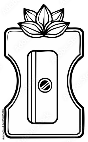 Stylized Hand-Drawn Illustration of a Pencil Sharpener with Floral Accent
