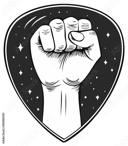 Powerful raised clenched fist in a vintage style with starry background representing strength and unity