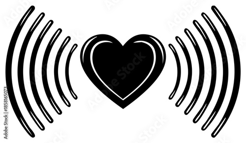 Heart symbol emitting radiating signals, depicting love, connection, and wireless communication in a simple vector illustration.