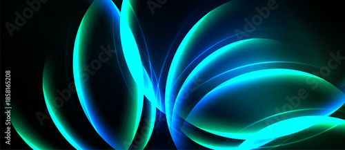 Abstract luminous shapes, flowing curves, vibrant teal hues dominate dark background. Dynamic energy radiates from glowing forms.