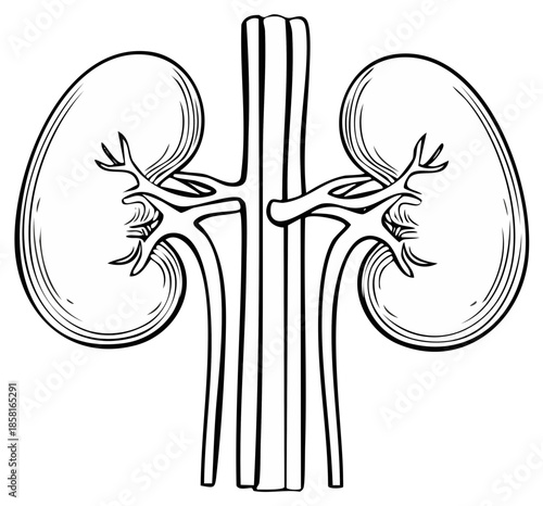 Black and white illustration of human kidneys with blood vessels showing arterial and venous connections