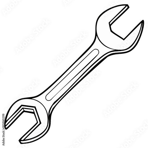 Wrench illustration: A black and white line drawing of a spanner or open-ended wrench, a hand tool for tightening bolts and nuts.