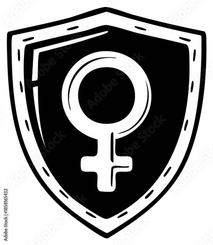 Feminist Shield Symbol: Black and White Illustration of Female Sign on Emblem
