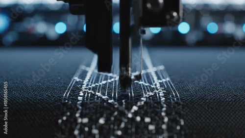 Close Up Of Industrial Embroidery Machine Needle Stitching Geometric Pattern Onto Dark Fabric With Soft Blue Bokeh Background Lighting