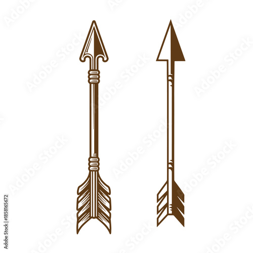 Vintage Two brown arrows with feathered tails and pointed tips on white background