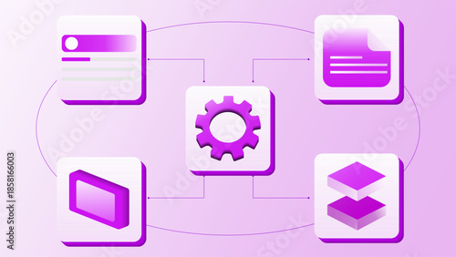 Isometric Workflow Automation Diagram – Violet Gear and Digital Data Icons | UI UX Illustration