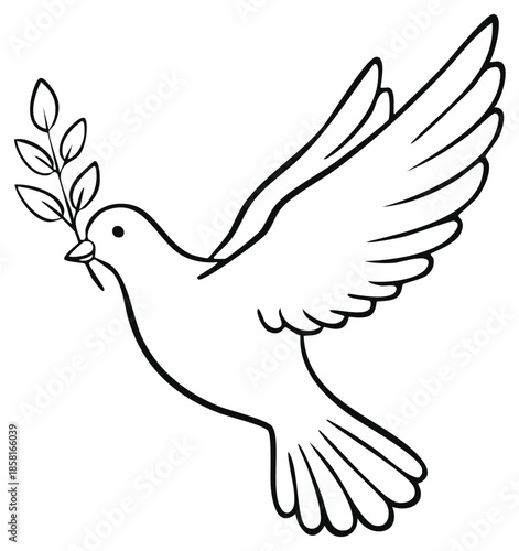 Outline of a dove bird carrying a green olive branch in its beak flying