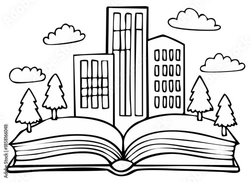 Open Book Revealing Cityscape with Buildings, Trees, and Clouds in Artistic Black and White Illustration Style