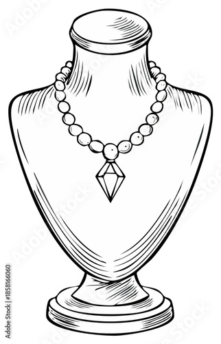 Hand drawn illustration of a pearl necklace with diamond pendant on a jewelry mannequin bust