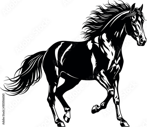 Black and white vector illustration of a majestic wild horse galloping with a flowing mane and tail isolated on white.
