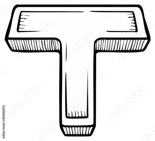 Black and white hand drawn uppercase letter T graphic, with textured details and line art style.