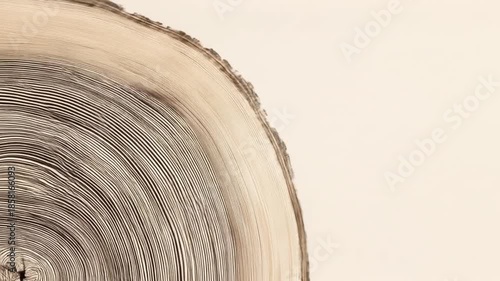 Artistic depiction of a cross-section of wood with growth rings on the left and a pale beige background