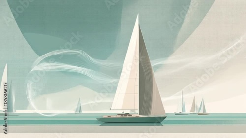 A serene sea scene with several sailboats, soft colors, and abstract wavy lines