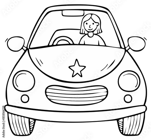 Cartoon Woman Driving Cute Car Coloring Page with Star Design