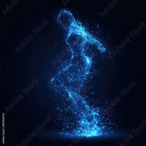 Blue particle figure, woman, dancing, energy, ethereal