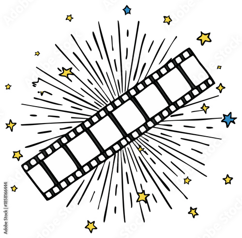 Film strip illustration with starburst and stars, vintage movie concept design