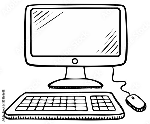 Hand drawn sketch of a desktop computer system with monitor keyboard and mouse