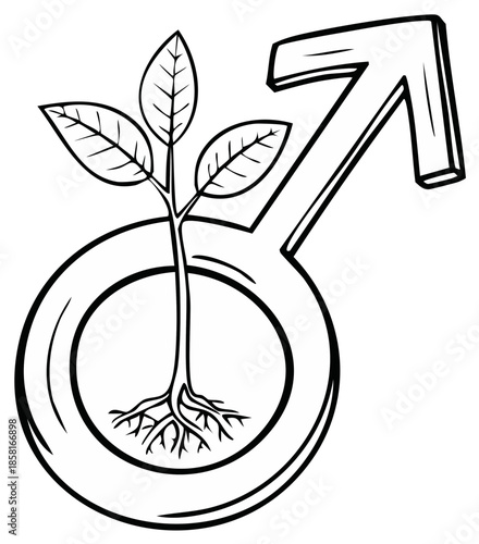 Male symbol with seedling growing from roots, symbolizing growth, new beginnings, and life