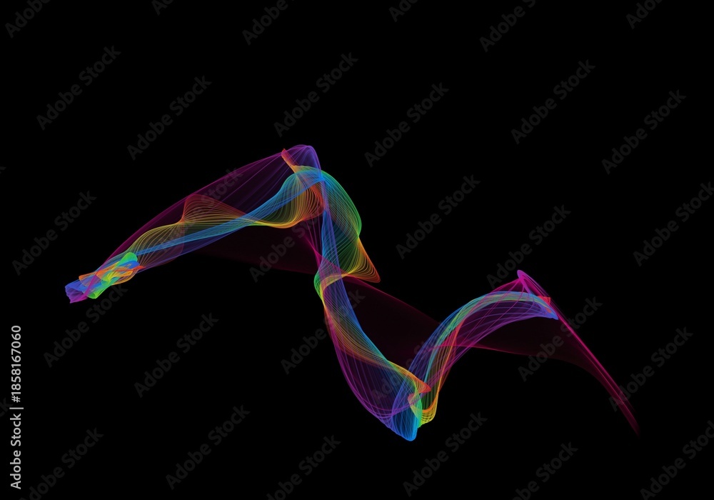 Obraz premium Ribbon-like rainbow light overlays stretch and bend through darkness, forming a sinuous zigzag of translucent neon color that glides across black space like a graceful digital creature