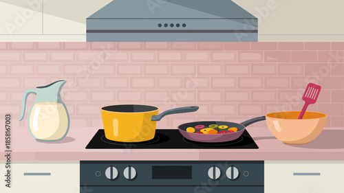 This illustration depicts a modern kitchen setup filled with colorful cooking utensils and ingredients, emphasizing an inviting space for culinary creativity and experimentation.