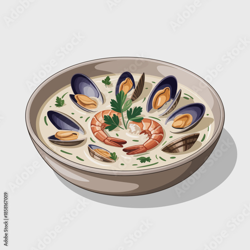 A mouthwatering bowl of creamy seafood chowder, featuring shrimp and clams, garnished with parsley, epitomizing culinary creativity and the joy of gourmet dining.