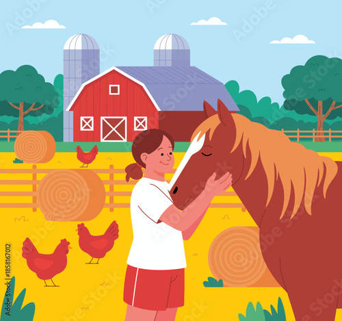 A young girl lovingly interacts with a horse on a bright farm, surrounded by hay bales, chickens, and a charming red barn, symbolizing innocence and joy in nature.