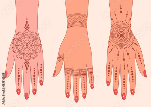 This artistic image showcases three distinct henna designs on beautifully manicured hands, highlighting intricate patterns and cultural significance in each design.