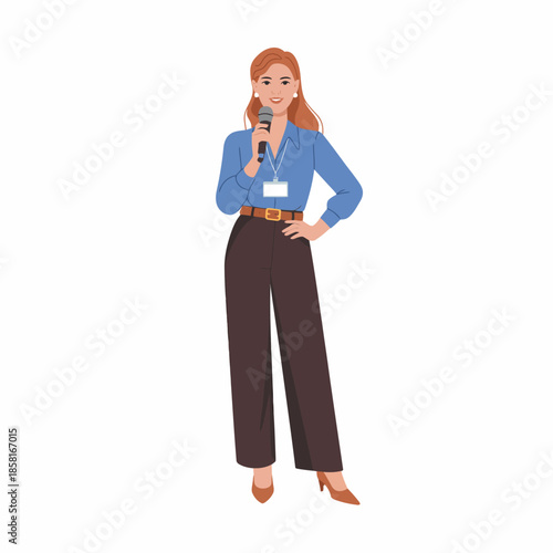 An empowered woman confidently addressing her audience while holding a microphone, depicting leadership and public speaking skill in an engaging professional setting.