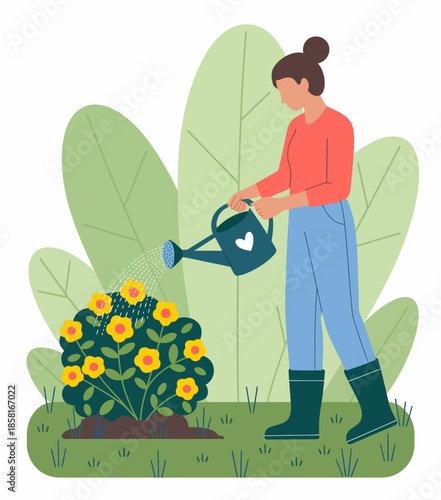 A woman lovingly waters a vibrant flower bed, nurturing blooming yellow flowers, symbolizing care and dedication to gardening amidst a lush green background, promoting wellness.