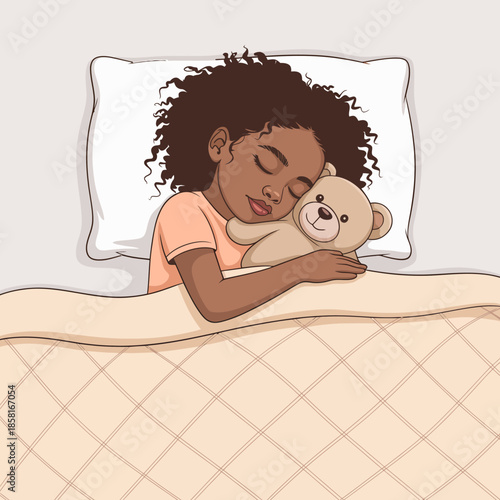 A peaceful scene of a young child sleeping soundly in bed while hugging a teddy bear, representing comfort and innocence.