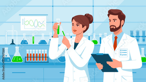 Two scientists in a laboratory working together on experiments using test tubes and scientific equipment, emphasizing collaboration and discovery in the field of science.
