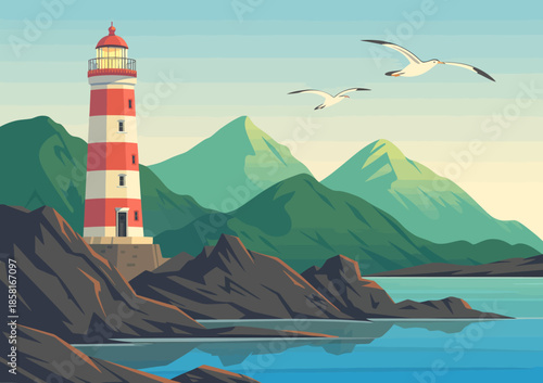 A picturesque illustration of a classic lighthouse beside a tranquil coastline, surrounded by mountains and seagulls, evoking feelings of calmness and adventure.
