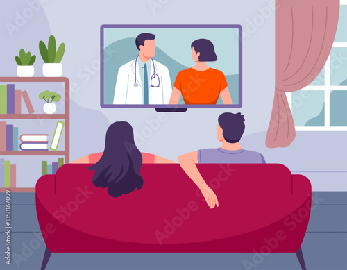 This image depicts a couple relaxing on a couch while watching a medical TV show, illustrating the themes of entertainment, healthcare awareness, and togetherness.