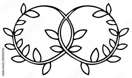 Elegant intertwined circles adorned with delicate leaf branches symbolizing infinity and nature