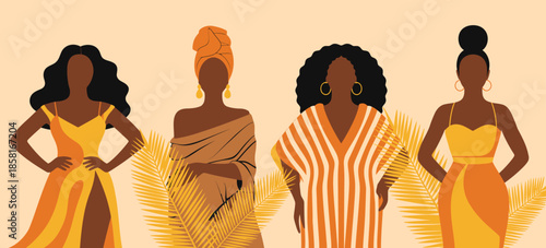 A diverse group of four confident women elegantly dressed in vibrant yellow and orange outfits, showcasing a celebration of femininity and stylish expressions in fashion.