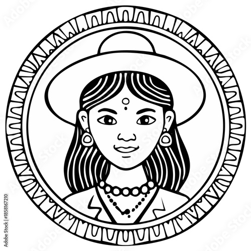 Embroidered Circular Portrait of a Woman Wearing a Hat and Jewelry, Black and White Line Art