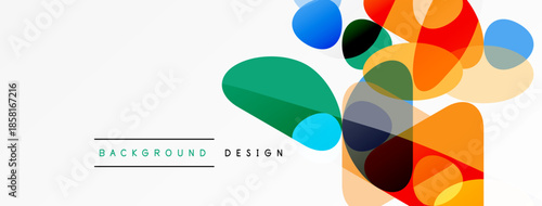 Abstract colorful shapes overlap white space. Minimalist design features text labels background, design. Modern graphic element.