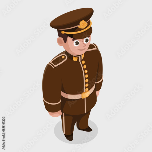 A character dressed in a classic uniform represents professionalism and tradition, evoking nostalgia and admiration for historical roles in society across various professions and eras.