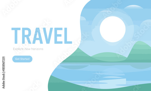 A calming and inviting travel illustration featuring a peaceful landscape with mountains and gentle waters under a bright sun, symbolizing adventure and relaxation.