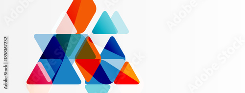 Abstract geometric shapes overlap, creating vibrant color composition. Triangles dominate design, suggesting dynamism, modernity.