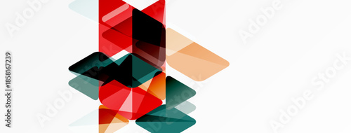 Abstract geometric shapes overlap, creating dynamic composition. Red, orange, teal hues dominate white background. Modern design elements present.