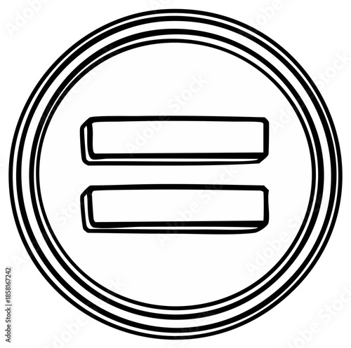 Equals sign hand drawn in a circle mathematical symbol representing equivalence or equality in a doodle style