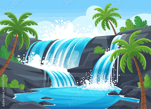 An idyllic view features a majestic tropical waterfall cascading amidst lush palm trees, capturing the tranquility and beauty of nature's untouched landscapes.