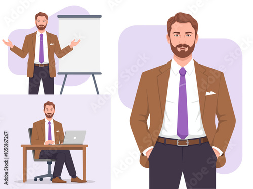 A well-dressed businessman confidently presents in an office environment, showcasing a professional demeanor and engaging body language. He stands beside a flip chart.