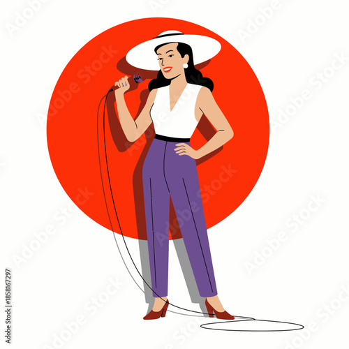 This energetic illustration features a fashionable woman confidently singing into a microphone on stage, representing talent, performance, and the vibrant music scene.