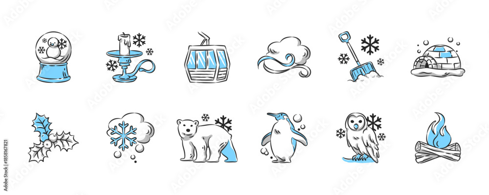 Fototapeta premium Winter season hand drawn icon collection. Set 3 of 3. Vector illustration.