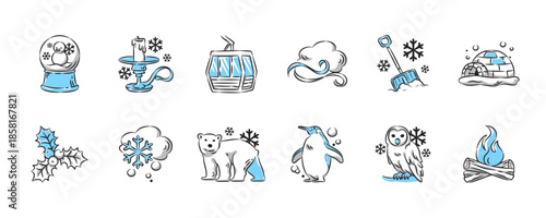 Winter season hand drawn icon collection. Set 3 of 3. Vector illustration.