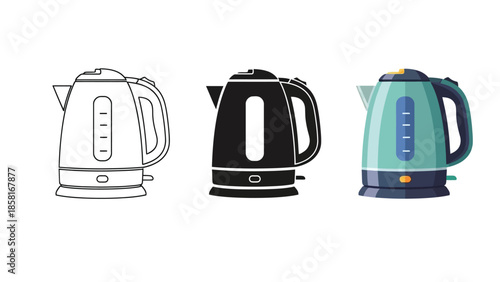 Set of electric kettle icons and illustration outline, silhouette and color vector design