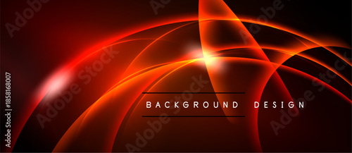 Dynamic red abstract lines create glowing effect. Dark background emphasizes bright curves, modern design elements present.