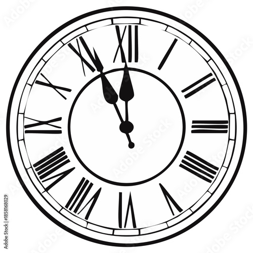 Elegant black and white outline of a classic clock face with Roman numerals showing the hour of noon or midnight